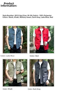 Detailed size chart and multi-color fabric options for men's outdoor utility vest