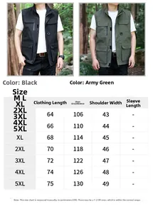 Detailed size chart for men outdoor multi-pocket fishing vest showing sizes from M to 5XL