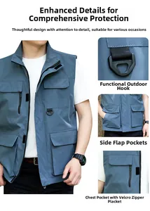 Detail view of multi-pocket outdoor vest featuring functional D-rings and secure closures