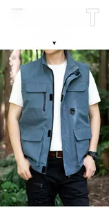 Detail of lake blue multi-pocket outdoor vest with durable fabric and utility pockets