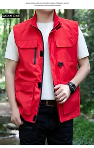 Detail view of the red outdoor multi-pocket utility vest with durable zippers and D-ring