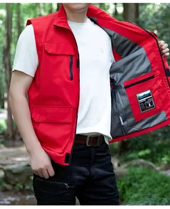 Detail of red outdoor vest featuring functional multi-pockets and secure inner lining