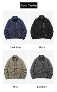 Détails de la veste en polaire montrant les coloris bleu marine, noir, kaki et gris foncé