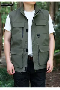 Detail view of army green outdoor vest with multiple cargo pockets and D-ring buckle