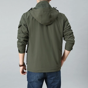 Men's breathable hooded jacket in olive green, windproof outdoor loose fit sport outerwear
