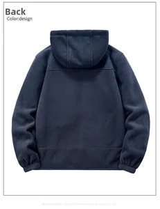 Rückansicht einer marineblauen Herren-Fleecejacke mit Kapuze, elastischen Bündchen und Textur