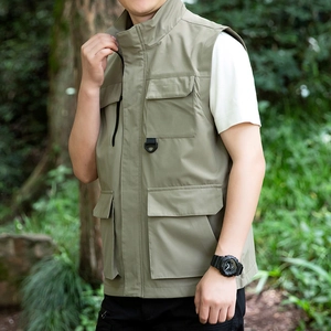 Men's outdoor multi-pocket fishing vest in khaki with tactical stand collar and D-ring
