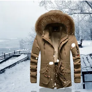 Detail of khaki winter parka featuring plush faux fur collar and windproof quilted lining