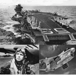 Detail view of military aviation posters showing aircraft carrier and pilot close-up