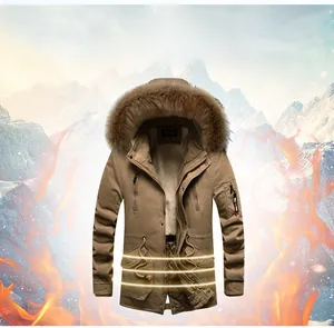 Close-up of khaki winter parka featuring a large faux fur collar and windproof fabric