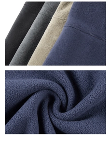 Détail macro du tissu polaire de haute qualité en noir, gris, kaki et bleu marine