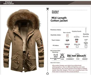 Detail of khaki men's winter parka with faux fur hood, waist drawstring and multi-pockets