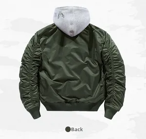 Back view of army green bomber jacket with hood detail and ribbed cuffs for winter