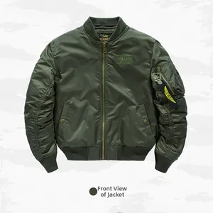 Army green MA-1 flight jacket detail showing utility sleeve pocket and embroidery