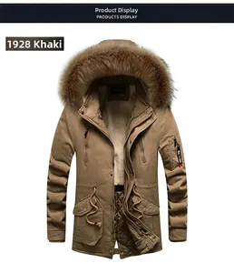 Detail view of khaki winter parka with thick faux fur collar and durable cotton fabric