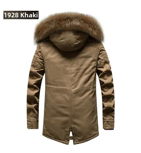 Back view of khaki men's hooded winter parka with faux fur collar and drawstring waist