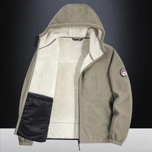 Khaki Fleecejacke für Herren mit weißem Futter aus Lammfell-Imitat und Reißverschluss