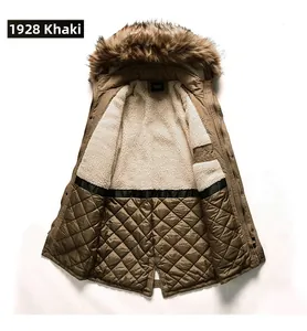 Detail view of khaki parka showing warm faux shearling lining and diamond quilted interior