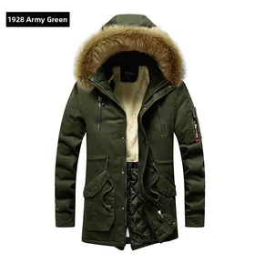 Detail of army green winter parka showing faux fur collar and warm fleece lining