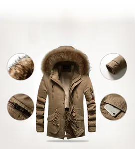 Detail view of khaki parka featuring oversized faux fur collar and windproof ribbed cuffs