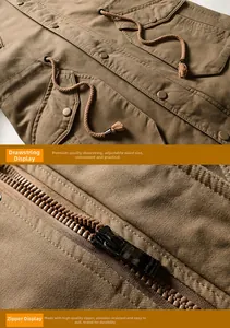 Detailed macro view of khaki canvas jacket with adjustable drawstring and durable zipper