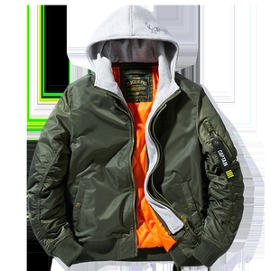 Army green MA1 bomber jacket with grey hoodie and orange quilted lining for men