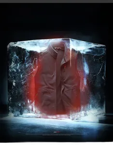 Vue macro d'un gilet polaire gris avec poche zippée, gelé dans la glace pour la protection froid