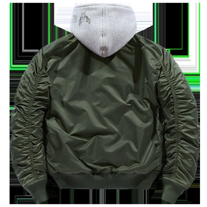 Army green MA1 bomber jacket with grey hood and star print on back view for men