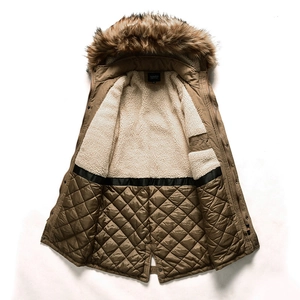 Men's winter khaki parka with warm faux fur hood and thick fleece lining for cold weather