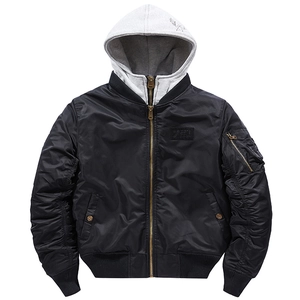 Men's black MA1 bomber jacket with grey hoodie layered design and gold zipper