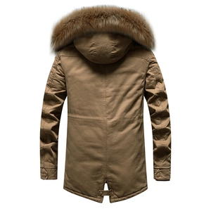Men's winter parka jacket in khaki with large faux fur collar and drawstring waist