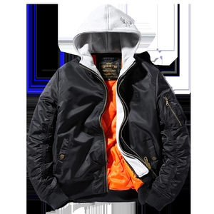Men's hooded MA1 bomber jacket with orange quilted lining and black nylon exterior shell