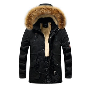 Men's winter black parka jacket with brown faux fur hood and warm fleece lining