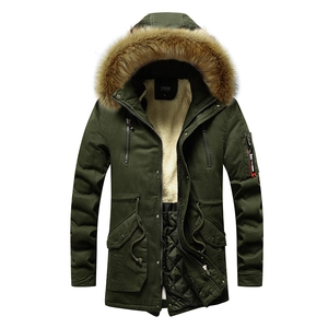 Men's green winter parka jacket with faux fur hood and warm fleece lining