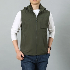 Men's dark green hooded outdoor vest with multi-pockets for fishing and hiking