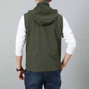 Army green men's lightweight hooded outdoor vest with mesh lining for fishing