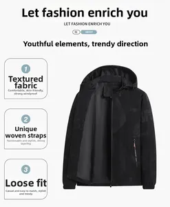 Detail view of black windproof hooded jacket with SPORT lettering and utility zippers