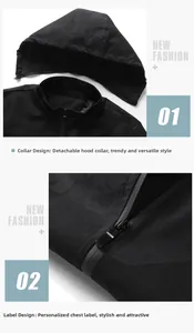 Detail view of detachable hood and zipper label on black men's sport utility jacket