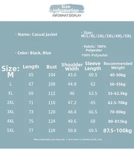 Size chart for men's casual jacket with detailed measurements from size M to 5XL