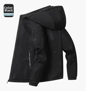 Close-up of black casual jacket with SPORT pattern, zip pocket and elastic cuff details