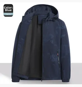 Detail of blue men's jacket featuring hooded drawstring and all-over sport letter printing