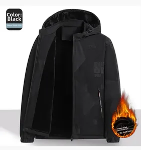 Close-up of men's black hooded jacket featuring thick warm fleece lining and windproof fabric