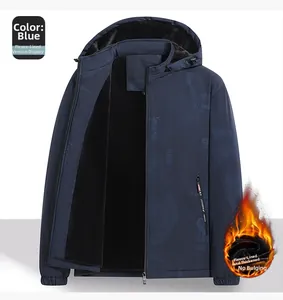 Detail view of deep blue hooded jacket featuring thick black fleece lining and warm texture