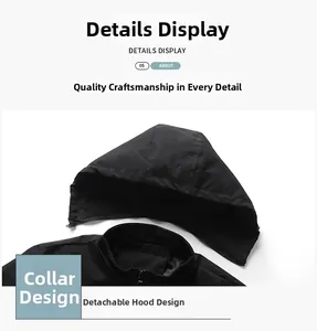 Detail view of black casual jacket featuring a zipper and detachable hood design