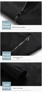 Detail of high-quality zipper, side pocket with zip and elastic cuffs on black jacket