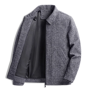 Men's stylish grey wool blend zipper jacket with herringbone texture and classic collar