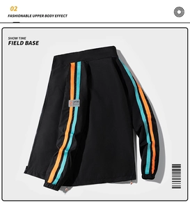 Détail de veste coupe-vent montrant l'insigne sport et les rayures orange et bleu