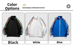 Présentation de vestes coupe-vent en noir, blanc et bleu avec écussons sur le bras