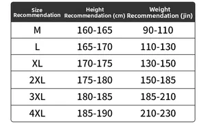 Tableau des tailles détaillé pour veste décontractée homme du M au 4XL avec mesures