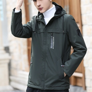 Men's dark green hooded jacket with fleece lining and white sportmens chest print